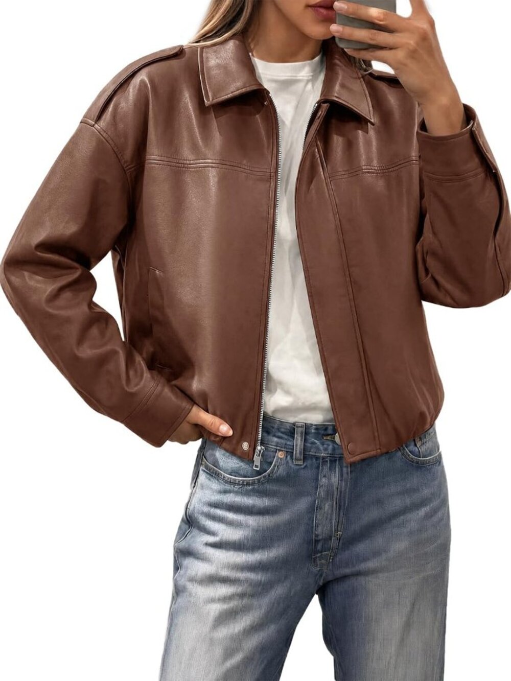 Women's Brown Cropped Faux Leather Oversized Zip Up Coats Bomber Jacket